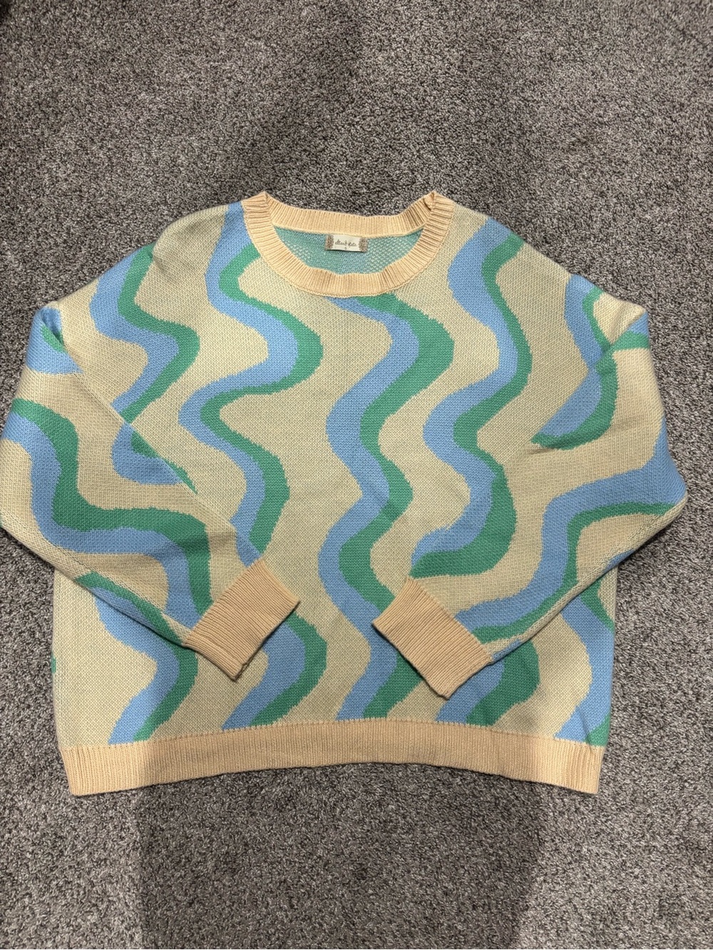 Altar'd State Cream Crewneck Sweater with Blue & Green Wavy Stripes